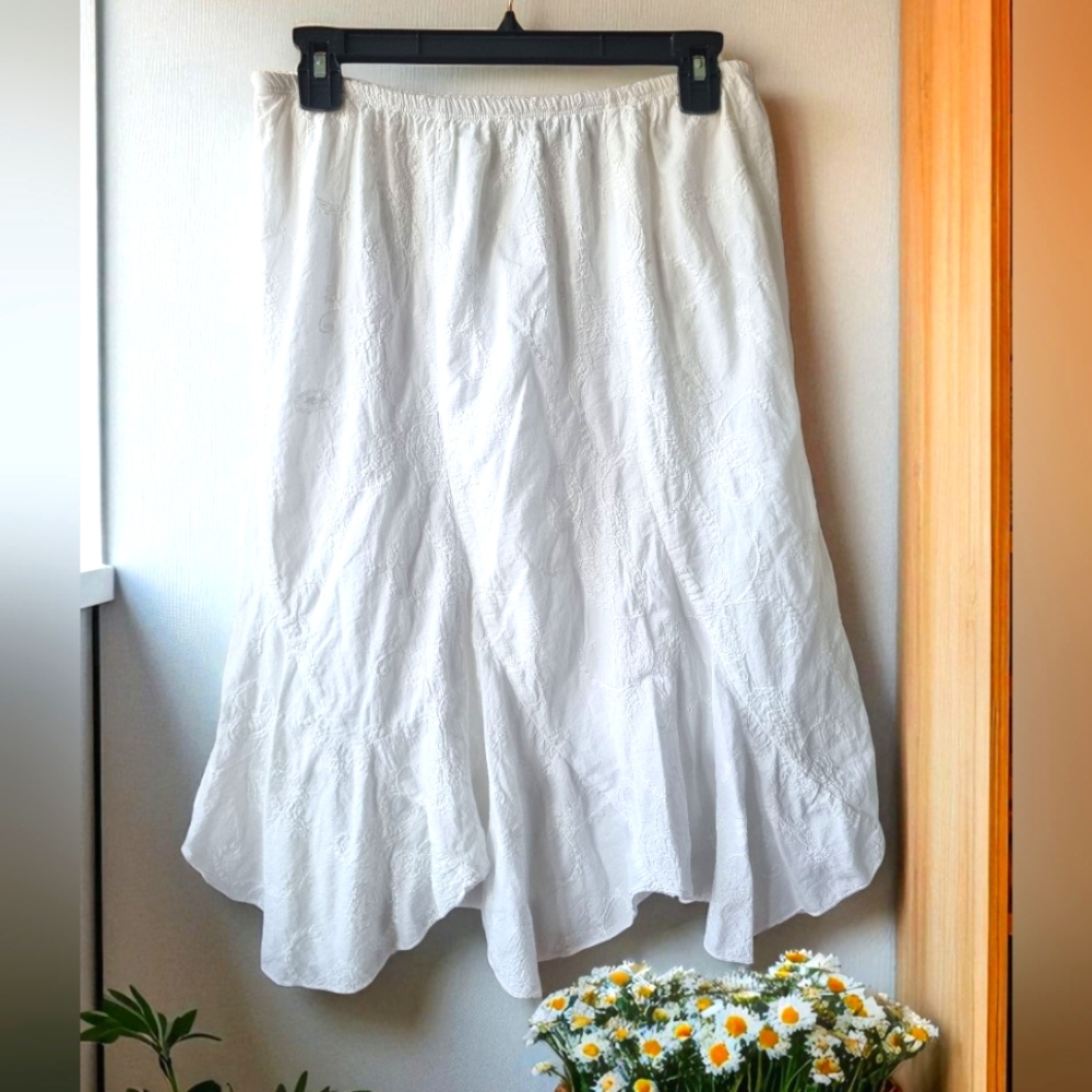 N◇W◇D Embroidered Vintage Elegant Cotton White Skirt With Scalloped Hem